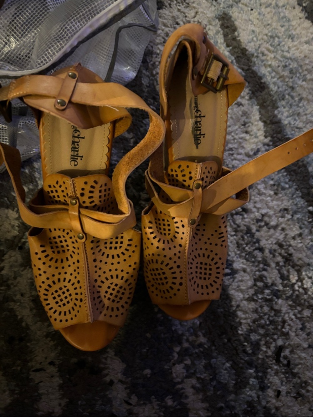 Charlies Tan Laser-Cut Peep-Toe Ankle-Strap Sandals - 6” platform